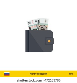 Wallet with money on white background. Russian Ruble banknote. Business concept vector illustration.