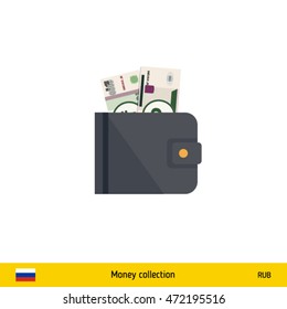Wallet with money on white background. Russian Ruble banknote. Business concept vector illustration.