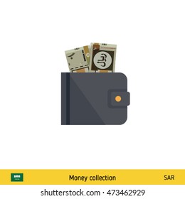 Wallet with money on white background. Saudi Arabian riyal banknote. Business concept vector illustration.