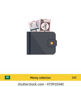 Wallet with money on white background. Saudi Arabian riyal banknote. Business concept vector illustration.