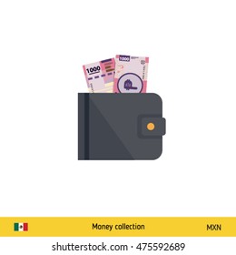 Wallet with money on white background. Mexican Peso banknote. Business concept vector illustration.