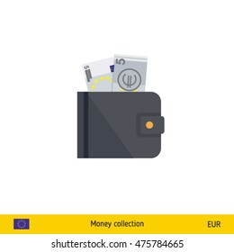 Wallet with money on white background. Euro banknote. Business concept vector illustration.