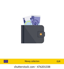 Wallet with money on white background. Euro banknote. Business concept vector illustration.