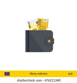 Wallet with money on white background. Euro banknote. Business concept vector illustration.
