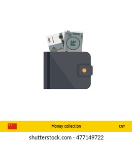 Wallet with money on white background. Chinese Yuan banknote. Business concept vector illustration.