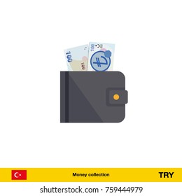 Wallet with money on white background. Turkey lira banknote. Business concept vector illustration.
