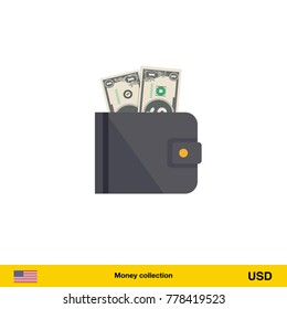Wallet with money on white background. Dollar banknote. Business concept vector illustration.