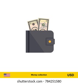 Wallet with money on white background. Dollar banknote. Business concept vector illustration.