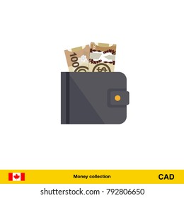 Wallet with money on white background. Canadian dollar banknote. Business concept vector illustration.