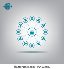 Wallet with money and people around. vector icon