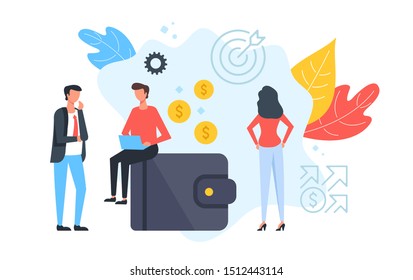 Wallet with money. People and purse with gold coins. Marketing, finance, business concepts. Modern flat design. Vector illustration