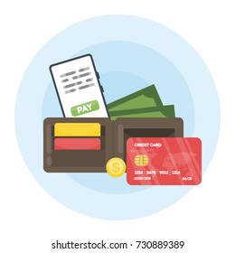 Wallet with money, plastic cards and coins. Payment methods.