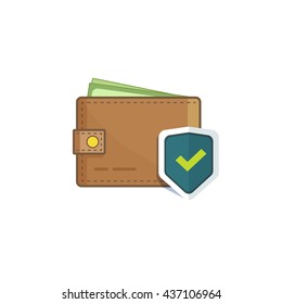 Wallet With Money Protected With Shield Icon Isolated On White Background, Concept Of Savings Protect, Cash Protection, Secure Deal, Financial Security Flat Vector