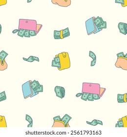 Wallet Money purse Vector Seamless Pattern illustration for Print, Wallpaper, Decoration.