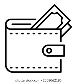 Wallet with money round line vector icon with editable stroke, representing finances, personal savings, cash management, wealth, and financial security