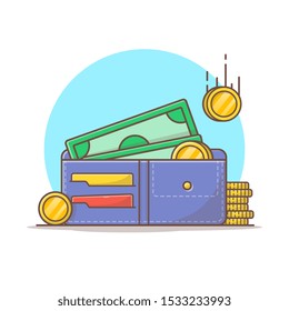 Wallet With Money And Stack Of Gold Coins Vector Icon Illustration. Business And Finance Icon Concept White Isolated. Flat Cartoon Style Suitable for Web Landing Page, Banner, Sticker, Background