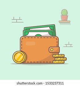 Cartera Con Dinero Y Pila De Monedas De Oro Ilustración Icono Vector. El Concepto De Blanco De Los Iconos Comerciales Y Financieros Está Aislado. Estilo de caricatura plano adecuado para la página de inicio web, pancarta, adhesivo, fondo