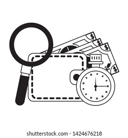 Wallet with money timer and magnifying glass vector illustration graphic design