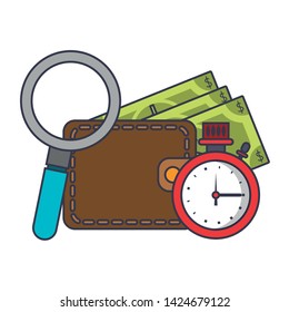 Wallet with money timer and magnifying glass vector illustration graphic design