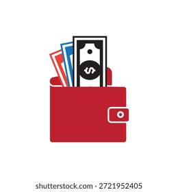 Cartera con el icono del Vector del dinero. Ilustración plana de billetes en efectivo. Concepto financiero de riqueza, ahorro e ingresos. Pago del negocio, salario o beneficio en un bolso de cuero.