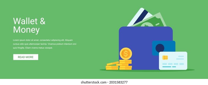 Wallet and money vector illustration banner concept in flat style. Suitable for web banners, social media, postcard, presentation and many more.