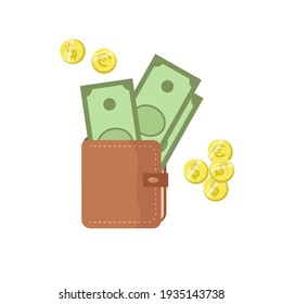 Wallet with money,  vector illustration in flat style, isolated on white. Money vector icon. Payment and business concept