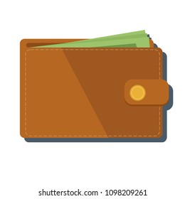 Wallet with money vector illustration. Wallet isolated on colored background. Brown flat wallet.