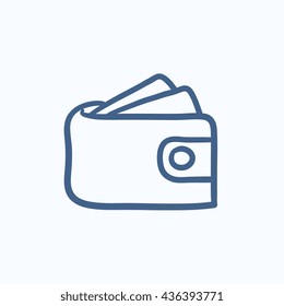 Brieftasche mit Geld, Vektorgrafik Symbol einzeln auf Hintergrund. Handgezeichnete Geldbörse mit Geldsymbol. Brieftasche mit Geldskizze Symbol für Infografik, Website oder App.