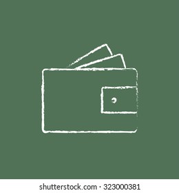 Wallet with monoey hand drawn in chalk on a blackboard vector white icon isolated on a green background.