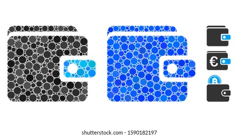 Wallet mosaic of small circles in various sizes and color hues, based on wallet icon. Vector filled circles are united into blue mosaic. Dotted wallet icon in usual and blue versions.