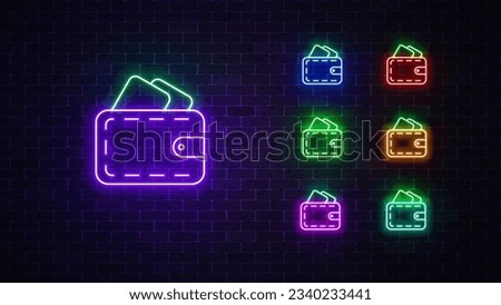 Wallet neon signs set. Glowing neon icon. Vector illustration