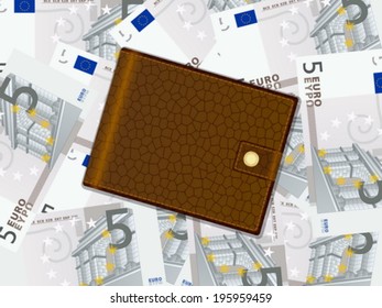Wallet on five euro banknotes background. Vector illustration.