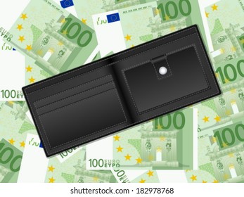 Wallet on a one hundred euro banknotes background. Vector illustration.