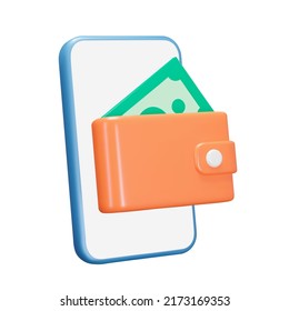 Wallet on a smartphone 3d icon. Isolated object on a transparent background
