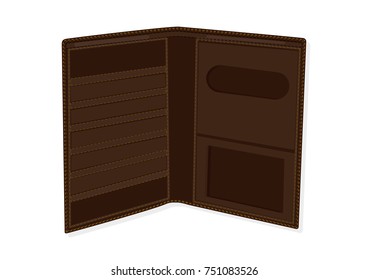 Wallet open dark brown - isolated on white - flat style - vector art illustration