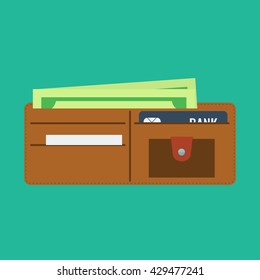 Wallet open in flat color style and money in it. Wallet with credit bank card. Wallet full of money.