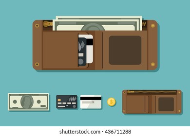 Wallet open with money in flat style. Icons of coin, wallet, credit cards.