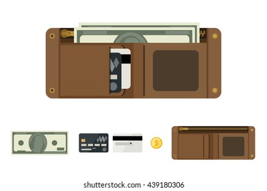 Wallet open with money in flat style. Icons of coin, wallet, credit cards.