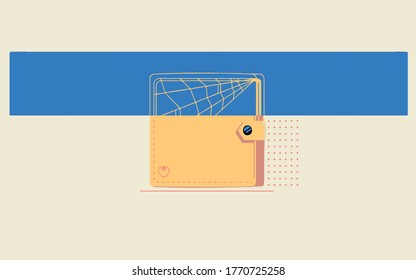 the wallet is orange, the top is transparent and it can be seen that in the wallet there are only spiders,in the purse is only spider web,vector.