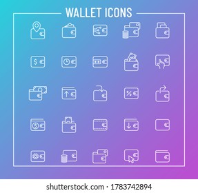 iconos vectoriales de contorno de cartera en fondo de degradado de color. conjunto de iconos de cartera para diseño web y diseño de interfaz de usuario, aplicaciones móviles y productos de impresión