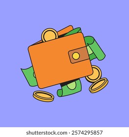 Wallet overflowing with cash and coins cartoon hand drawn retro illustration for finance-related content or products