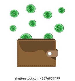 Wallet overflowing with green dollar coins depicting financial success and prosperity