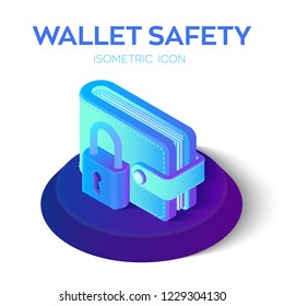 Wallet With Padlock Icon. 3D Isometric Protect Wallet Icon. Private Secure. Protect Savings, Safety, Economy Concept. Financial Security In Cashless And Cash Settlements. Vector Illustration.