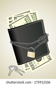 A wallet with padlock and keys - symbolic for safety precautions on either spending money or pick-pocketing.