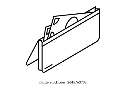 Cartera con billetes de papel icono de dibujo de línea simple, ilustración isométrica de finanzas personales y gestión de efectivo, blanco y negro, Ilustración vectorial