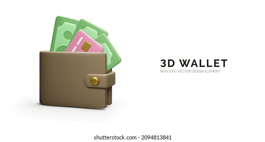 Cartera con moneda de papel y tarjeta de crédito en un estilo de caricatura realista. Bolsa 3D con dólares verdes. Ilustración del vector