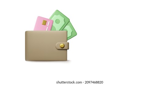 Wallet with paper currency and credit card in realistic cartoon style. 3D purse with green dollars for banner or poster. Vector illustration