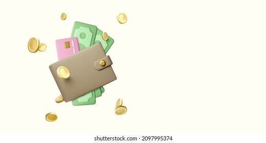 Wallet with paper currency and credit card in realistic cartoon style. 3D purse with green dollars and flying money. Vector illustration