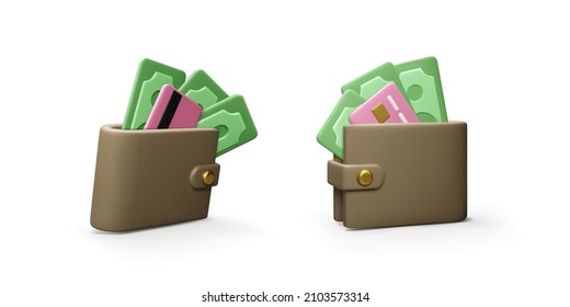 Wallet with paper currency and credit card in realistic cartoon style in different view. 3D purse with green dollars. Vector illustration