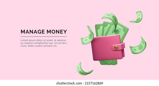 Wallet and paper currency   credit card in realistic cartoon style  3D purse and green twisted dollars   falling money  Vector illustration